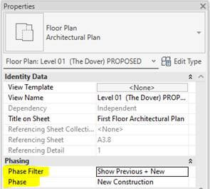 Revit proposed plan view settings with Show Previous + New filter